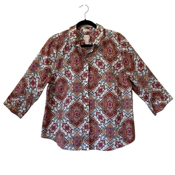 Chico’s Medallion Print 3/4 Sleeve Cotton No Iron Blouse Sz 16(3) Casual, Career - Picture 1 of 12